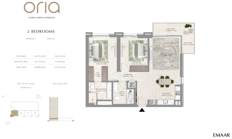 Oria by Emaar 2 Bedroom Apartment Podium 1 Unit 3 Floor Plan