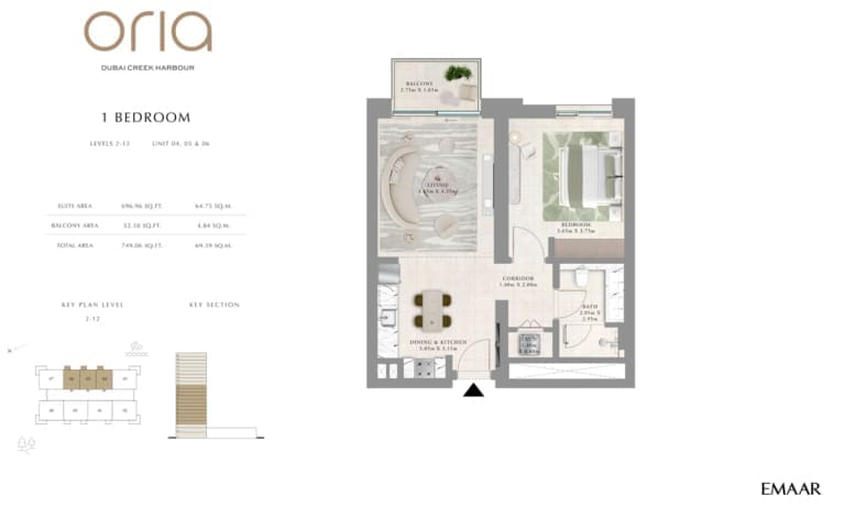 Oria by Emaar 1 Bedroom Apartment Level 02-12 Unit 04, 05 & 06 Floor Plan