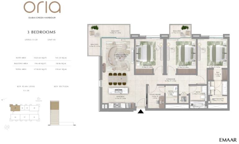 Oria by Emaar 3 Bedroom Apartment Level 13-20 Unit 5 Floor Plan