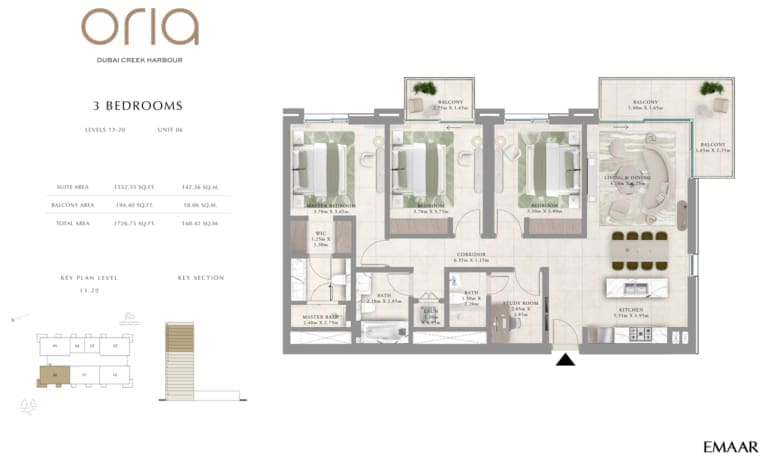 Oria by Emaar 3 Bedroom Apartment Level 13-20 Unit 6 Floor Plan