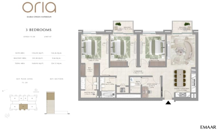 Oria by Emaar 3 Bedroom Apartment Level 13-20 Unit 7 Floor Plan