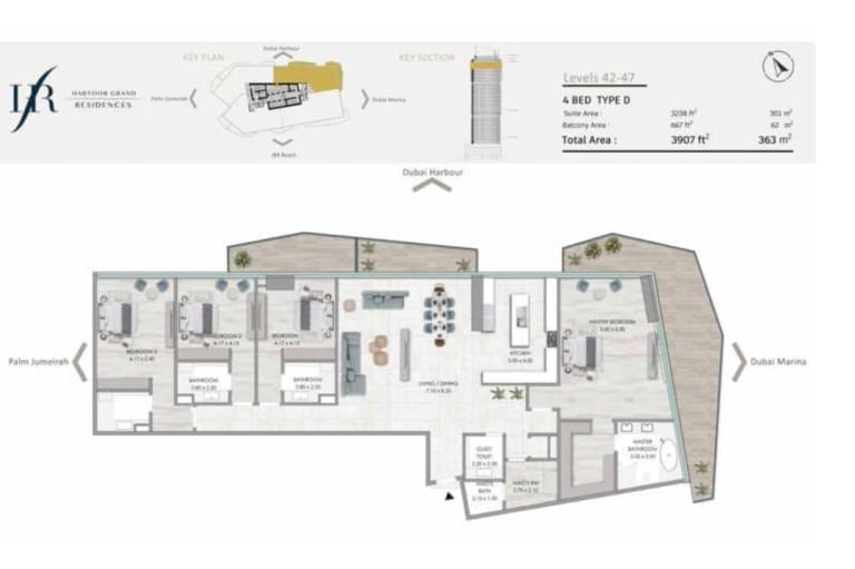 Habtoor Grand Residences 4 Bedroom Type D Floor Plan