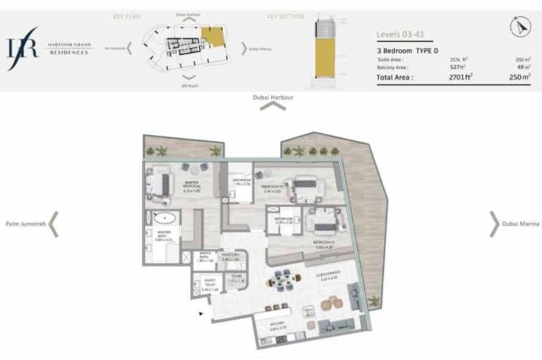 Habtoor Grand Residences 3 Bedroom Type D Floor Plan