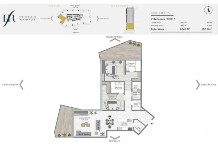 Habtoor Grand Residences 2 Bedroom Type D Floor Plan