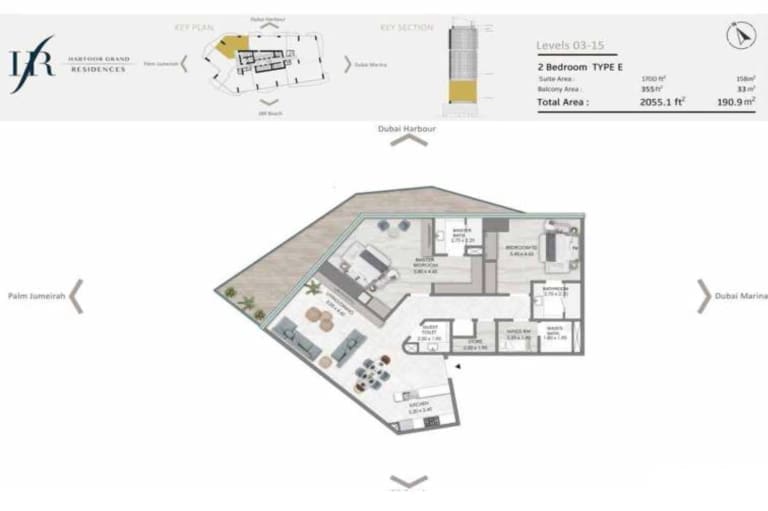 Habtoor Grand Residences 2 Bedroom Type E Floor Plan