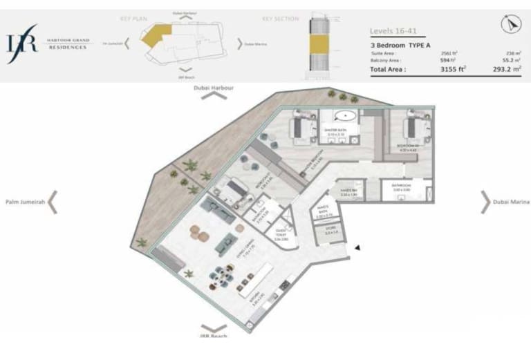 Habtoor Grand Residences 3 Bedroom Type A Floor Plan