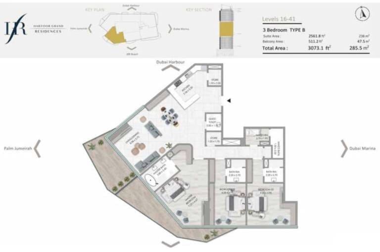 Habtoor Grand Residences 3 Bedroom Type B Floor Plan