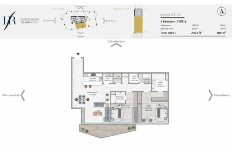 Habtoor Grand Residences 2 Bedroom Type B Floor Plan