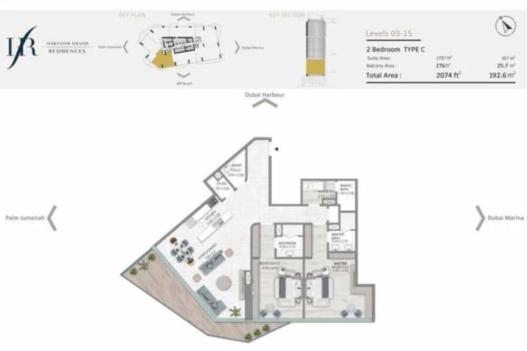 Habtoor Grand Residences 2 Bedroom Type C Floor Plan
