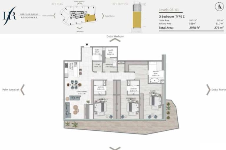 Habtoor Grand Residences 3 Bedroom Type C Floor Plan