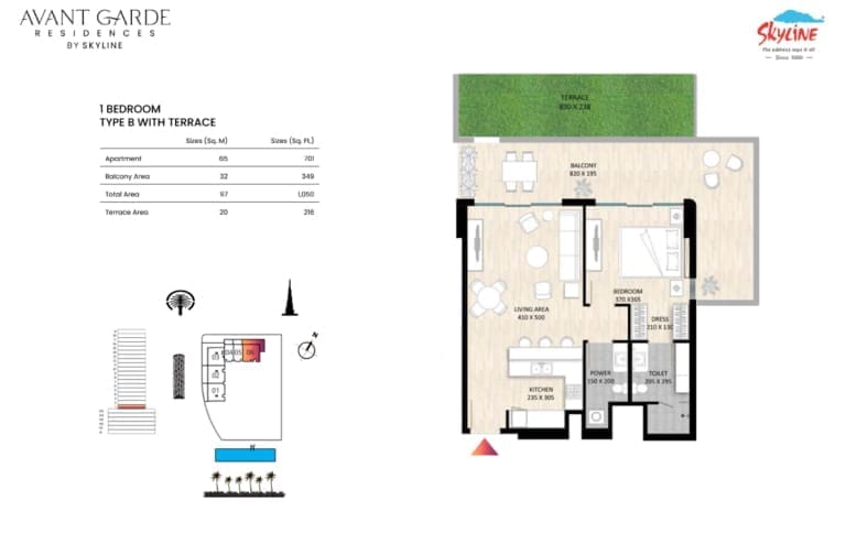 Avant Garde Residences 1 Bedroom Apartment with Terrace Type B Floor Plan