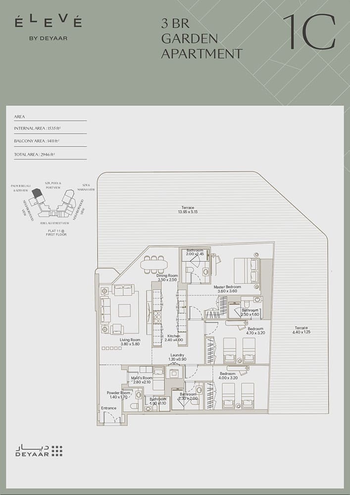 Eleve 3 Bedroom Garden Apartment Type 1C Floor Plan