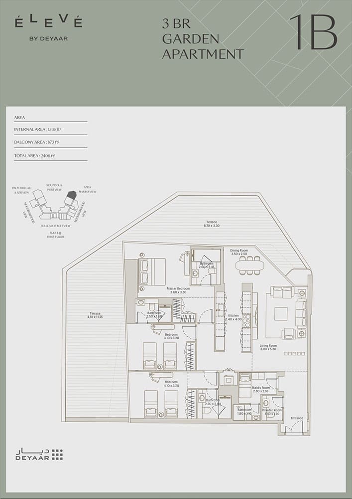Eleve 3 Bedroom Garden Apartment Type 1B Floor Plan