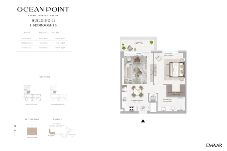 Emaar Ocean Point Building 01 – 1 Bedroom Type 1B Floor Plan