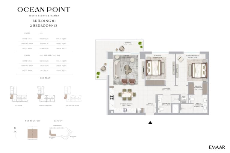 Emaar Ocean Point Building 01 – 2 Bedroom Type 1B Floor Plan