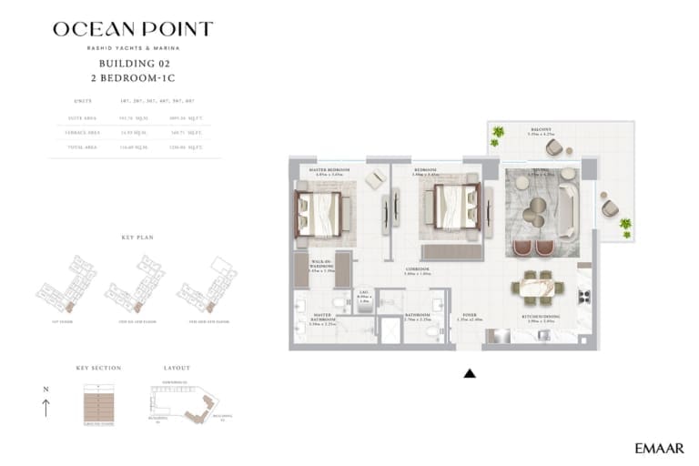 Emaar Ocean Point Building 02 – 2 Bedroom Type 1C Floor Plan