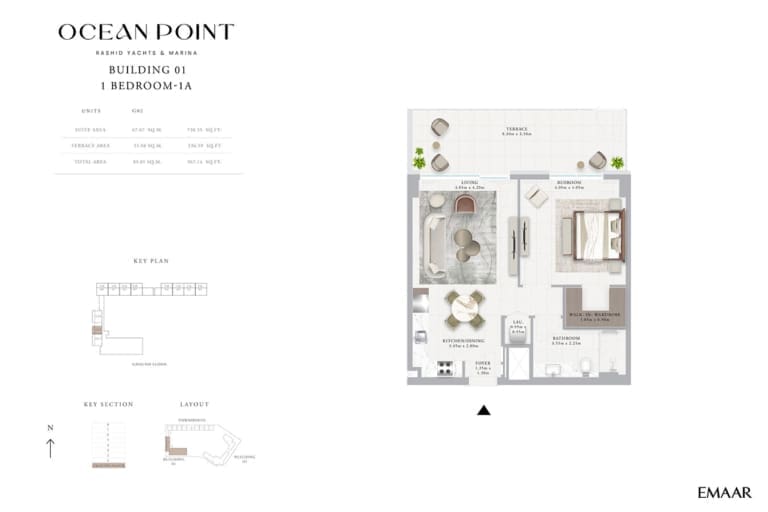 Emaar Ocean Point Building 01 – 1 Bedroom Type 1A Floor Plan