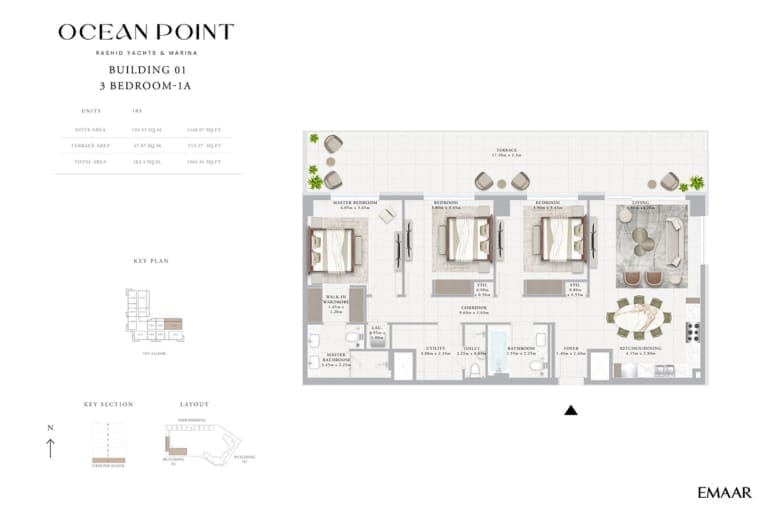 Emaar Ocean Point Building 01 – 3 Bedroom Type 1A Floor Plan