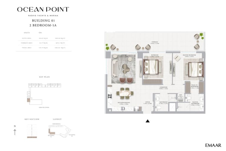 Emaar Ocean Point Building 01 – 2 Bedroom Type 1A Floor Plan