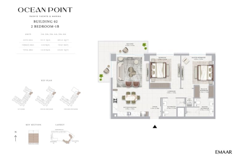 Emaar Ocean Point Building 02 – 2 Bedroom Type 1B Floor Plan