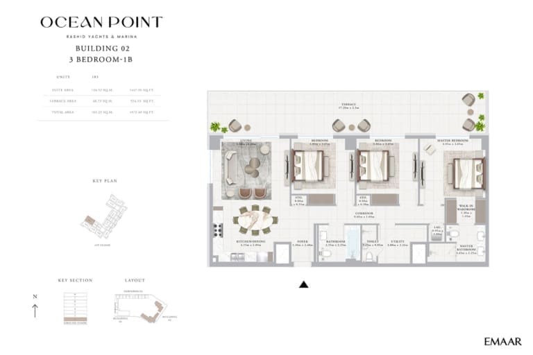 Emaar Ocean Point Building 02 – 3 Bedroom Type 1B Floor Plan