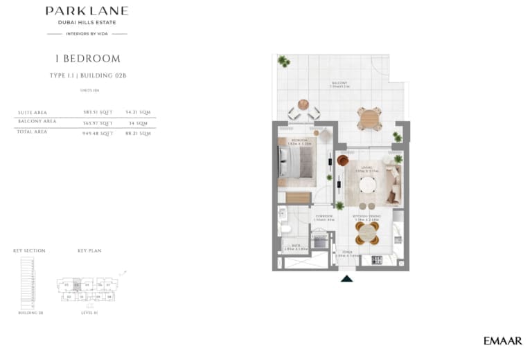 Emaar Park Lane 1 Bedroom Type 1.1 Building 02B Floor Plan