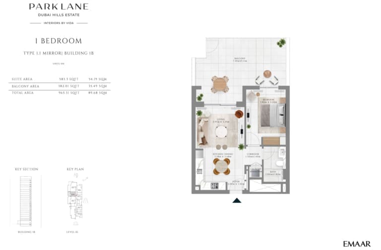 Emaar Park Lane 1 Bedroom Type 1.1 Building 1B Floor Plan