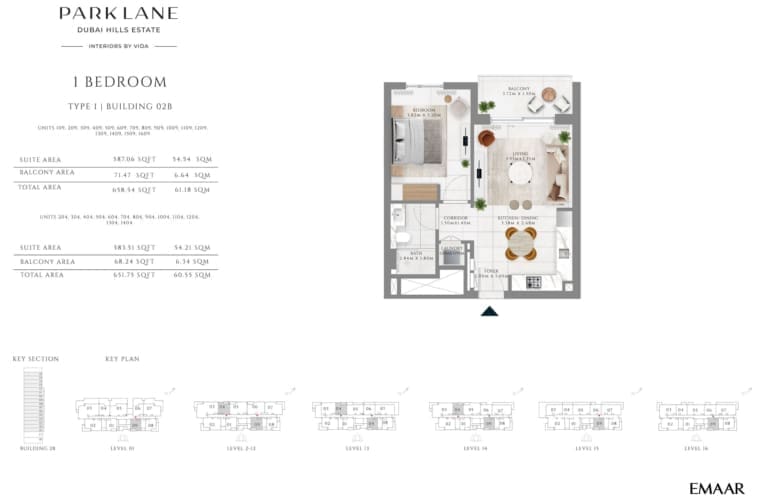 Emaar Park Lane 1 Bedroom Type 1 Building 02B Floor Plan