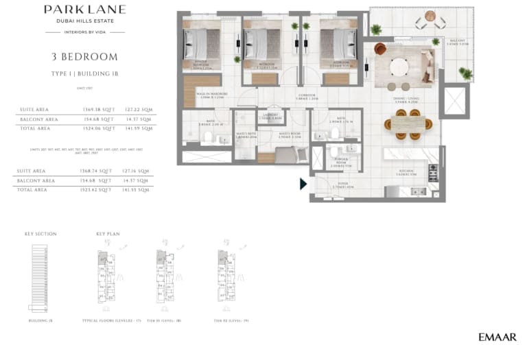 Emaar Park Lane 3 Bedroom Type 1 Building 1B Floor Plan