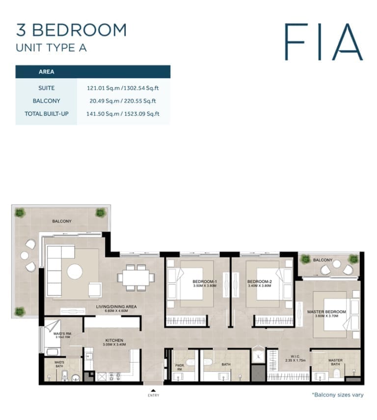 FIA by Nshama 3 Bedroom Unit Type A Floor Plan