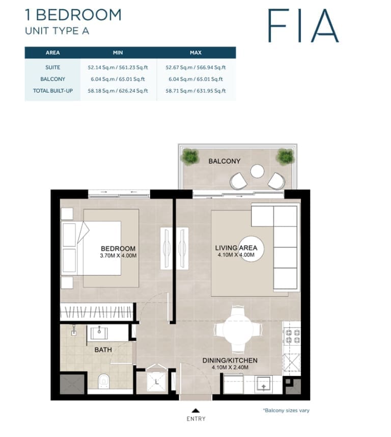 FIA by Nshama 1 Bedroom Unit Type A Floor Plan