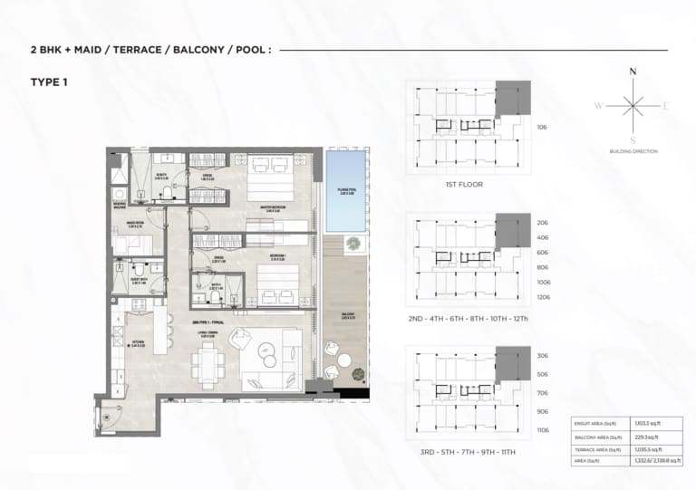 Gharbi 1 Residences 2 Bedroom Plus Maid Type 1 Floor Plan