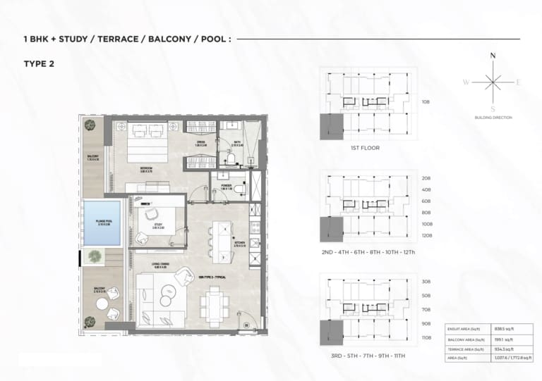Gharbi 1 Residences 1 Bedroom Plus Study Apartment Type 2 Floor Plan