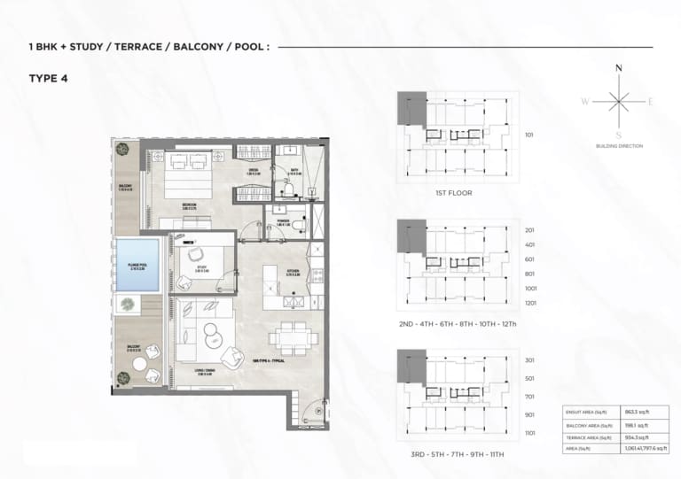 Gharbi 1 Residences 1 Bedroom Plus Study Apartment Type 4 Floor Plan