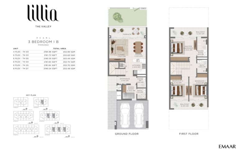 Lillia by Emaar Pearl 3 Bedroom IB Mirrored Floor Plan