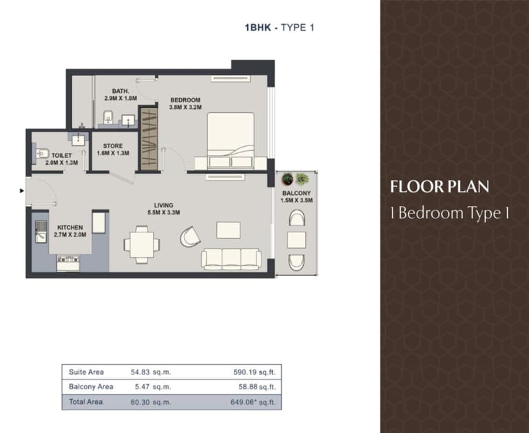 Maison Elysee 1 Bedroom Apartment Type 1 Floor Plan