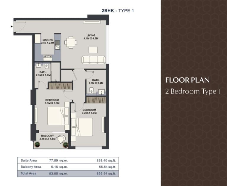 Maison Elysee 2 Bedroom Apartment Type 1 Floor Plan