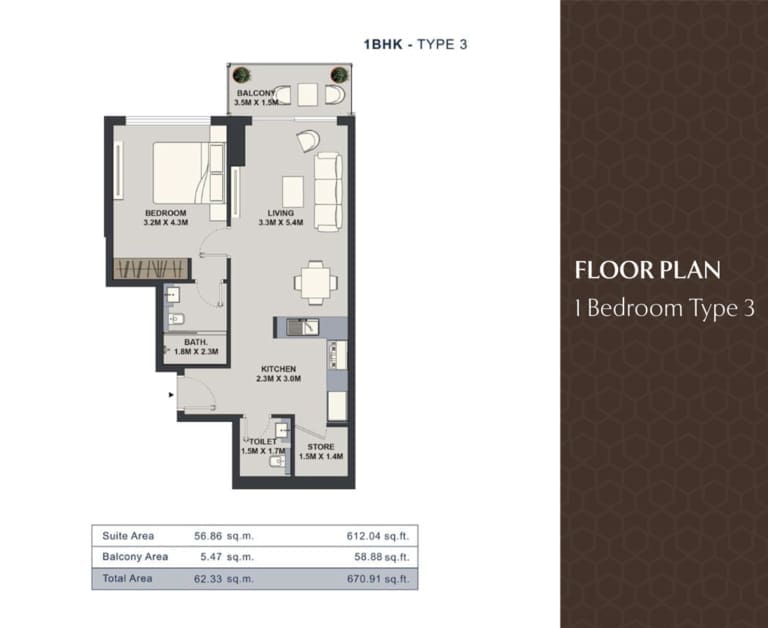 Maison Elysee 1 Bedroom Apartment Type 3 Floor Plan