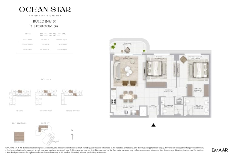 Emaar Ocean Star Building 1 – 2 Bedroom Apartment Type 3A Floor Plan