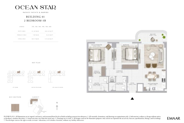 Emaar Ocean Star Building 1 – 2 Bedroom Apartment Type 3B Floor Plan