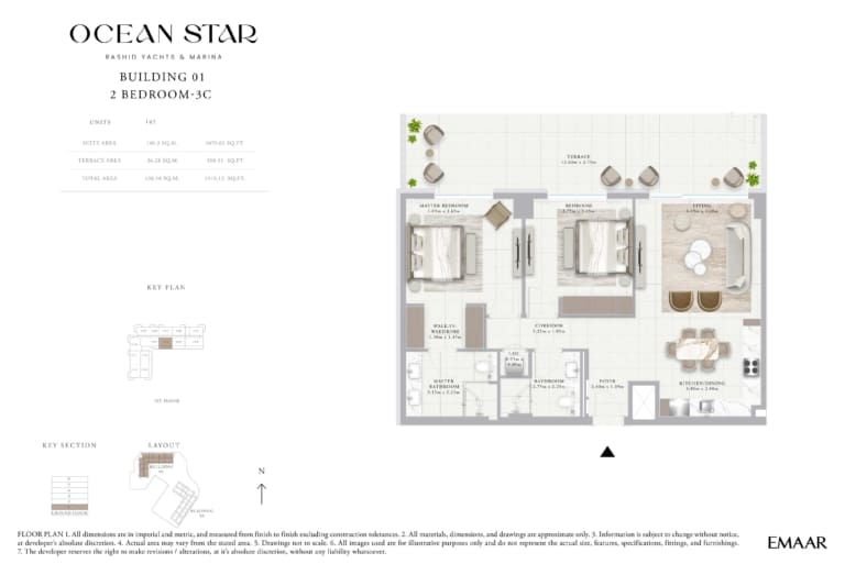 Emaar Ocean Star Building 1 – 2 Bedroom Apartment Type 3C Floor Plan