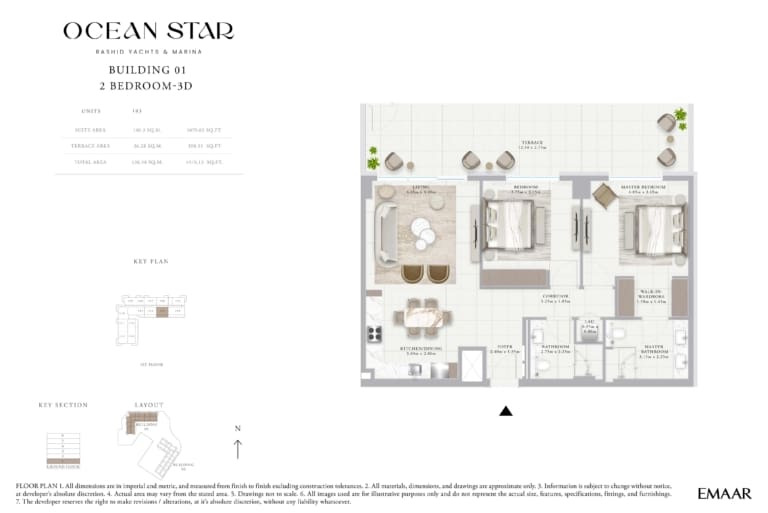 Emaar Ocean Star Building 1 – 2 Bedroom Apartment Type 3D Floor Plan