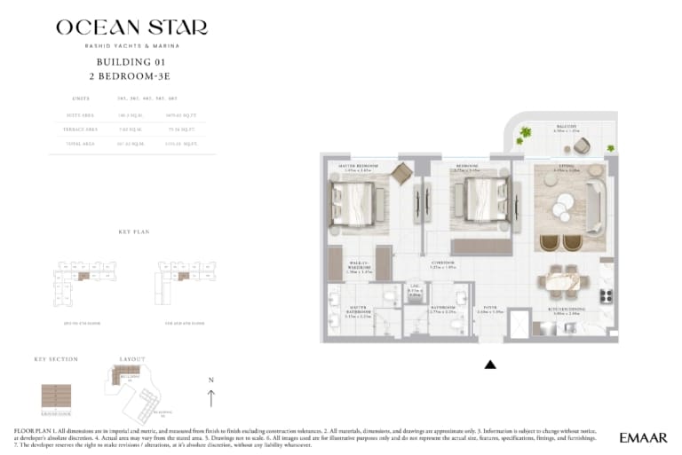 Emaar Ocean Star Building 1 – 2 Bedroom Apartment Type 3E Floor Plan
