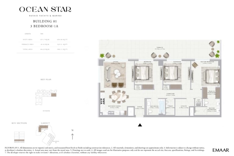 Emaar Ocean Star Building 1 – 3 Bedroom Apartment Type 1A Floor Plan