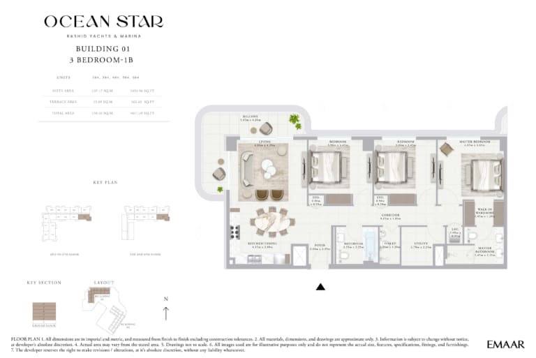 Emaar Ocean Star Building 1 – 3 Bedroom Apartment Type 1B Floor Plan