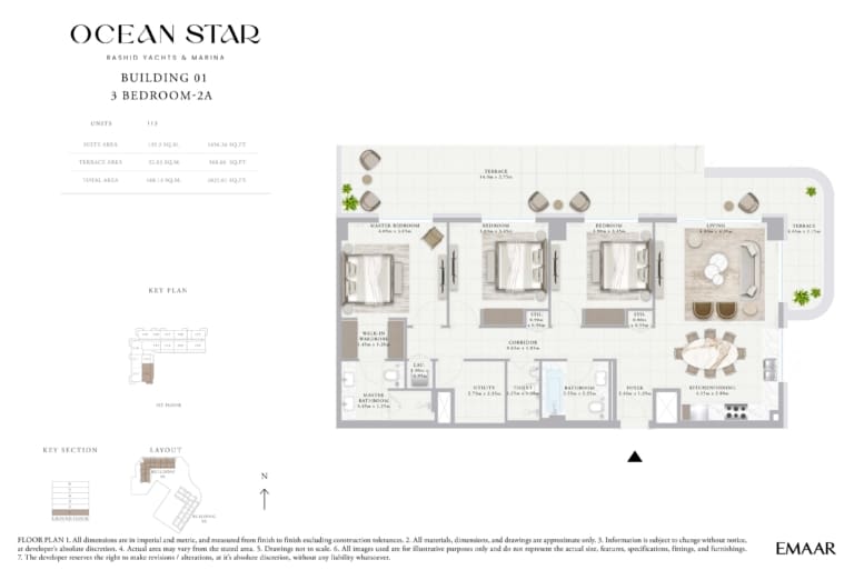 Emaar Ocean Star Building 1 – 3 Bedroom Apartment Type 2A Floor Plan