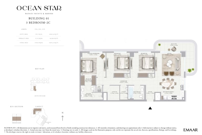 Emaar Ocean Star Building 1 – 3 Bedroom Apartment Type 2C Floor Plan