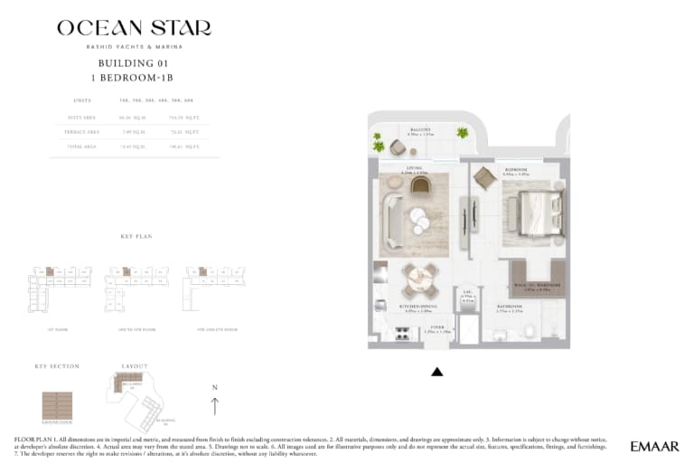 Emaar Ocean Star Building 1 – 1 Bedroom Apartment Type 1B Floor Plan