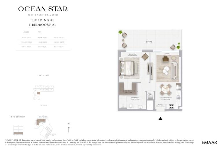 Emaar Ocean Star Building 1 – 1 Bedroom Apartment Type 1C Floor Plan