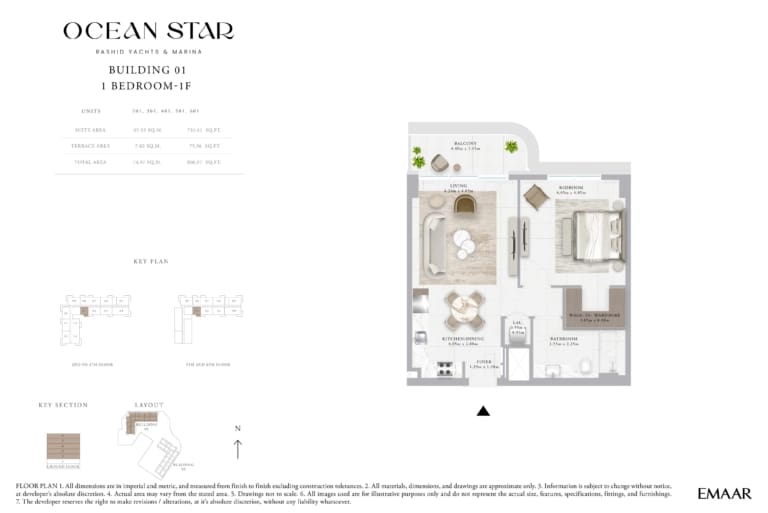 Emaar Ocean Star Building 1 – 1 Bedroom Apartment Type 1F Floor Plan